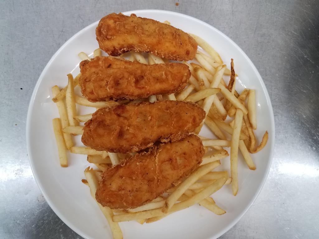Chicken fingers · Golden brown chicken tenders and shoestring fries
