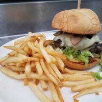 Swiss Mushroom Burger · 2 patties smothered in mushrooms and Swiss cheese with lettuce and roasted garlic aïoli on b...