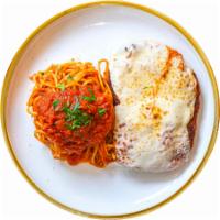 Chicken Parmigiana with Spaghetti · Traditional style chicken Parmigiana and spaghetti with pomodoro.