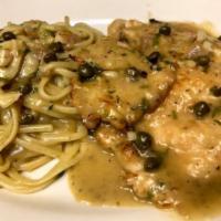 Chicken Piccata with Linguine · Sauteed chicken, capers and lemon sauce, served over linguine.