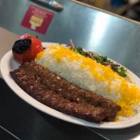 Beef Luleh Kebab · Ground beef mixed with special spices and onion, 2 skewers. Served with hummus, rice, pita b...