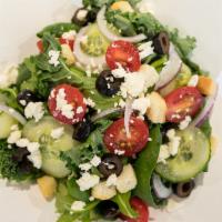 Athena Salad · Choice of greens, cucumber, feta cheese, Kalamata olives, red onions and tomatoes.