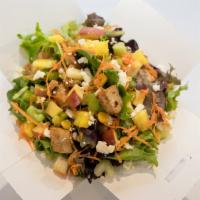 Green Box Salad · Greens, grilled chicken, feta cheese, apples, carrots, celery, corn and pineapple.