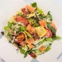 YOU+ Omega 3 Salad · Greens, warm grains, smoked salmon, artichokes, broccoli, zucchini, tomatoes and mix seeds.