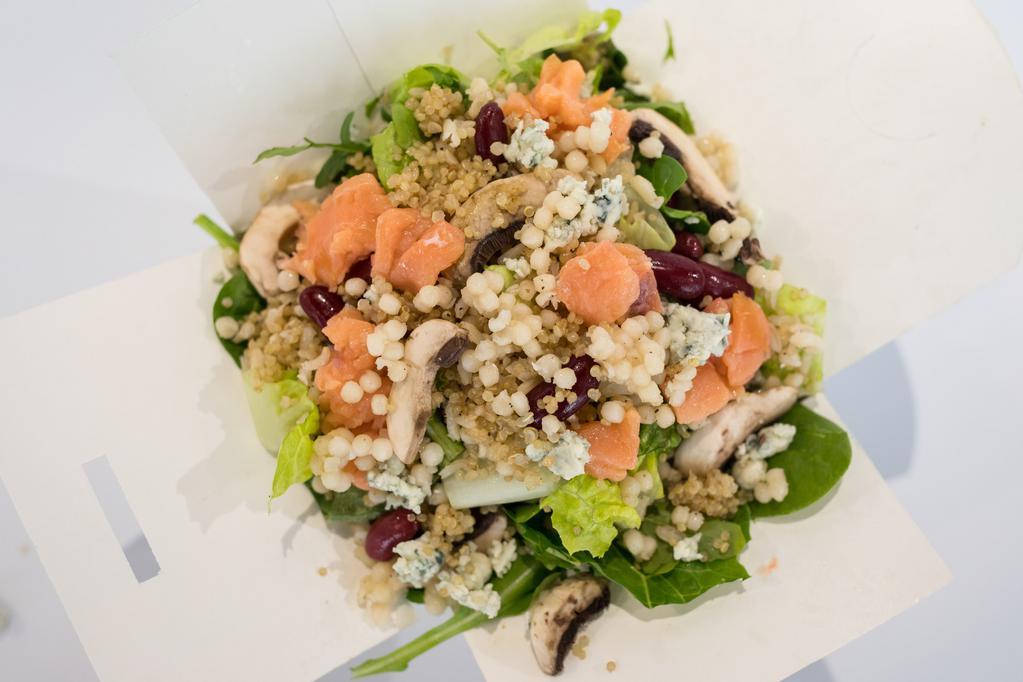 Warm Box with Protein · Choose your warm grains and greens and add 1 type of protein. Add any other 4 toppings from the salad bar; choice of dressing and croutons are on the house.