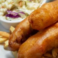 Fish & Chips · Wild Alaskan cod in our homemade beer batter and served with homemade fries and coleslaw.