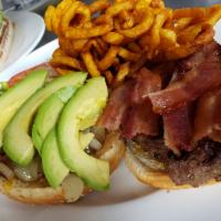 Cali Burger · Cheddar, grilled onions, bacon, avocado and chipotle mayo. Served on a brioche bun with cole...