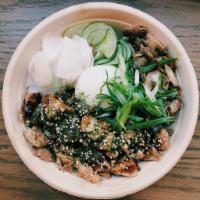 Tokyo  · Grilled chicken, scallions, furikake, mushrooms, radishes, poached egg, cucumber salad and s...
