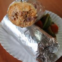 Burrito Birria · shredded beef (birria) rice, pinto beans, cilantro, onion & salsa