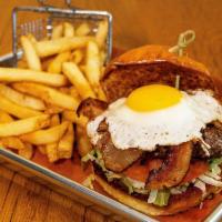 Hangover Burger · 80/20 beef, bacon, American cheese, sunny side egg, lettuce, tomato, onion, toasted brioche ...