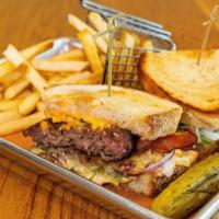 Southerner Burger · 80/20 beef, house-made pimento cheese, bacon, lettuce, onion, fried green tomato, toasted so...