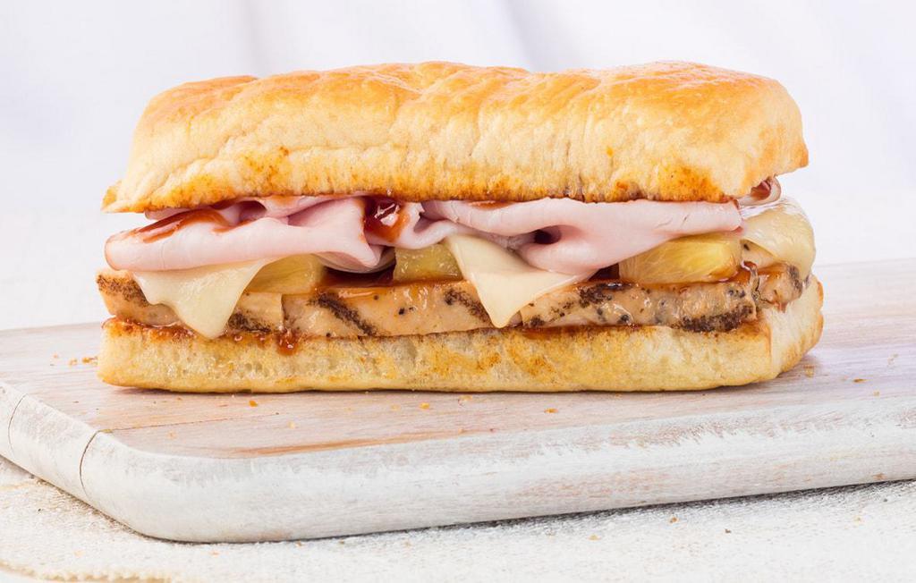 Hawaiian BBQ Sandwich · Grilled chicken, ham, Swiss, pineapple, and BBQ sauce.