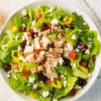 Greek Salad · Romaine, grilled chicken, feta, roma tomato, kalamata olives, banana peppers, and zesty Ital...