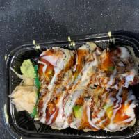 Bagel Roll · Fresh salmon, eel, avocado, cream cheese, whole roll deep fried, served with eel sauce and s...