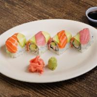 Rainbow Roll · Raw. California roll topped with tuna, salmon and avocado.