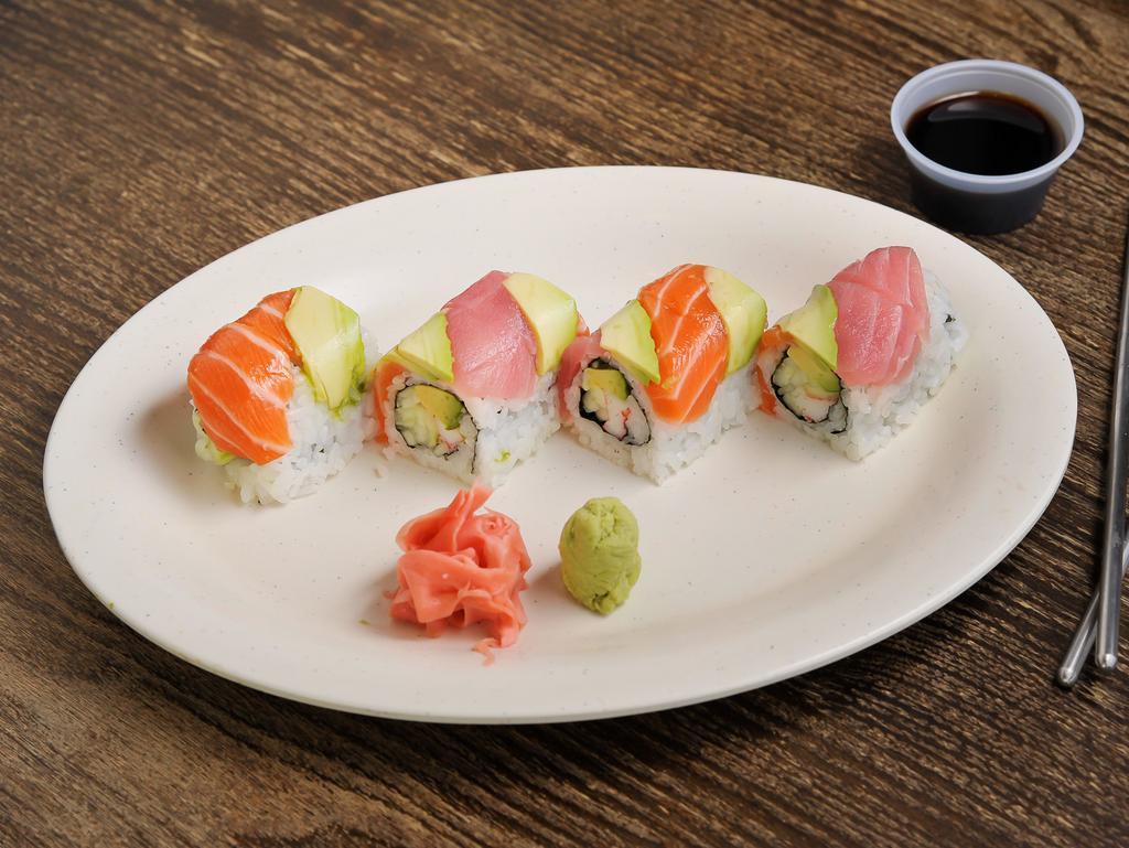 Rainbow Roll · Raw. California roll topped with tuna, salmon and avocado.