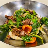 B7. Spicy Beef in Dry Pot · Bean sprouts, cilantro, bell peppers, jalapeno and sesame seeds.
