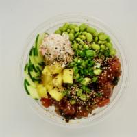 First Timer Bowl  · Choose your Base, 3 Scoops of Hawaiian Tuna, mixed in House Sauce. Topped with Cucumbers, Ed...