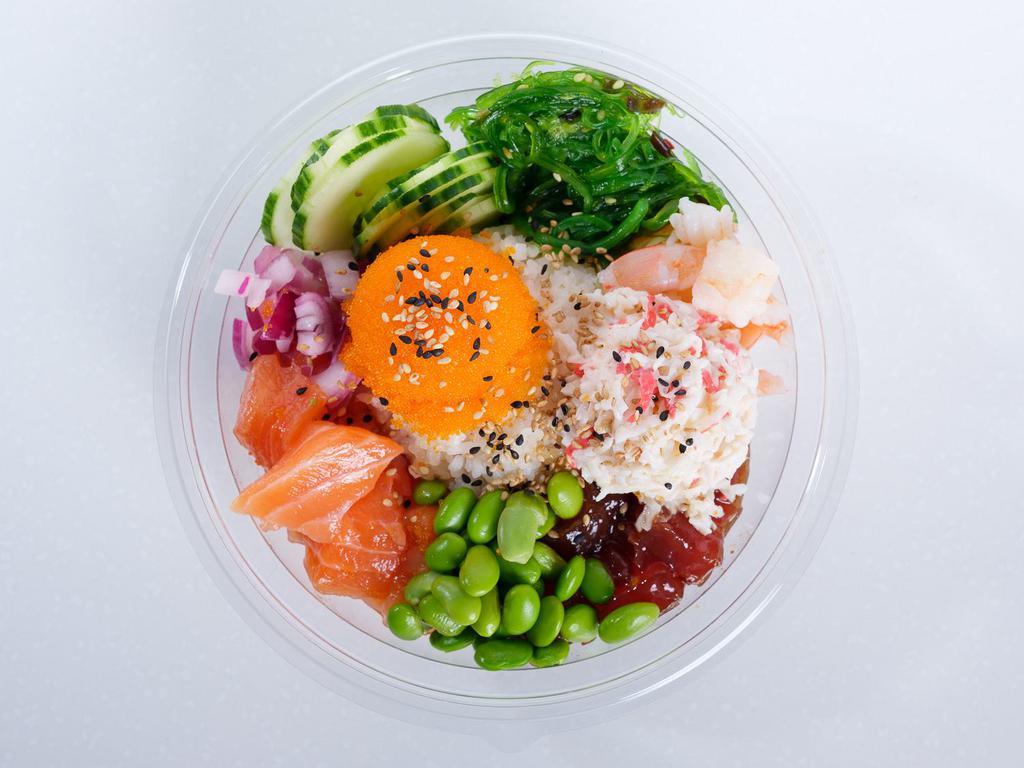 Small Poke Bowl  (2 Scoop) · 2 Scoops of Protein, Choice of Base, Sauce, Toppings, and Garnish.