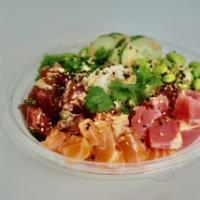 Koibito Bowl  · Choose your Base, Salmon, Hawaiian Tuna, Regular Tuna, mixed in Sriracha Aioli. Topped with ...