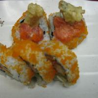 Superstar roll · Fried shrimp, cream cheese, cucumber, avocado, spicy tuna salmon, masago and yummy sauce