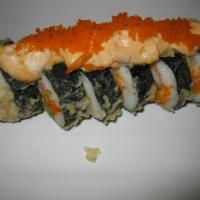 Kamikaze roll · Fried shrimp ,avocado, crab and fish paste(no rice)
Deep fried and yummy sauce and masago