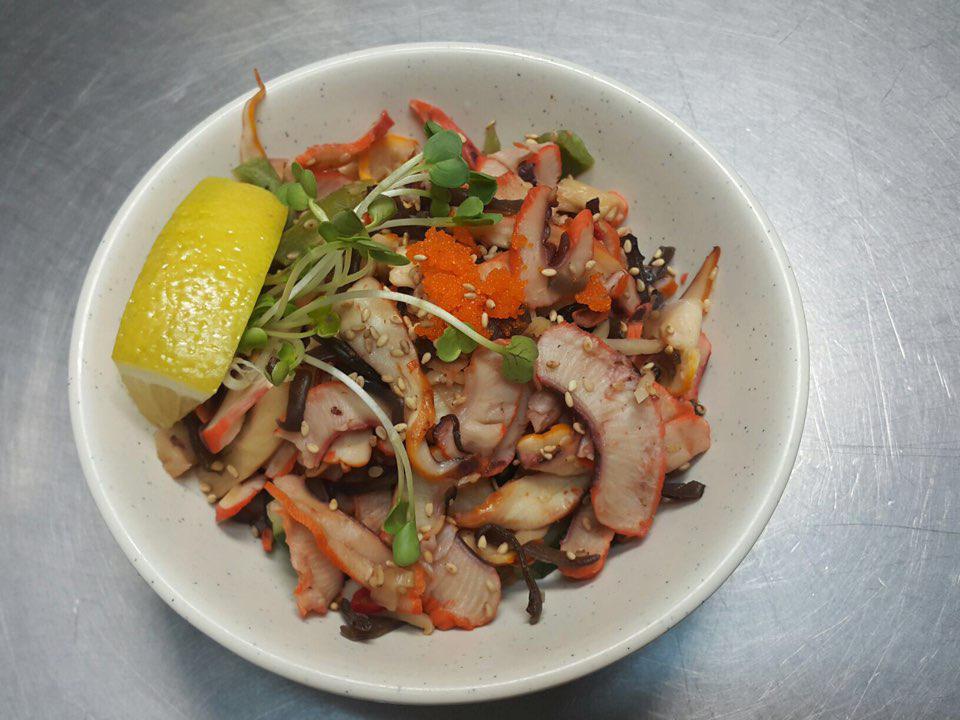Squid salad · Broil squid with vegetable, cucumber salad and masago
