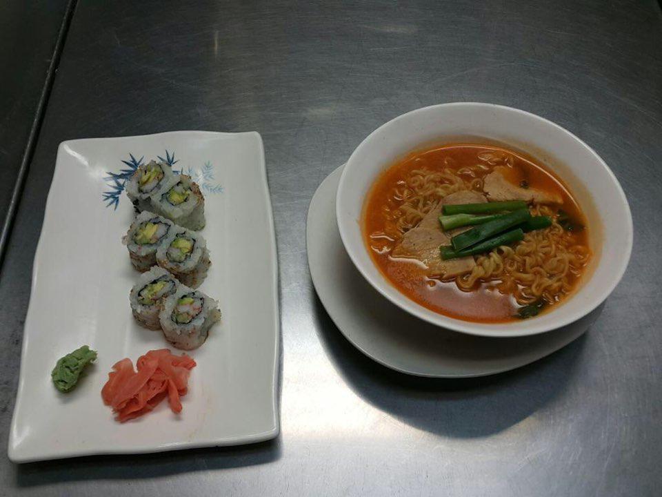 R2. Spicy Ramen and California Roll · Spicy. Spicy sauce base noodle soup with onion, and pork.