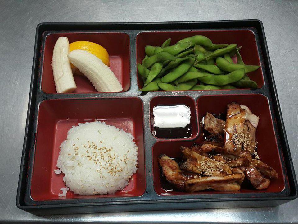 KD1. Kids chicken Teriyaki Box · Chicken teriyaki, rice, soybeans, and fruit.