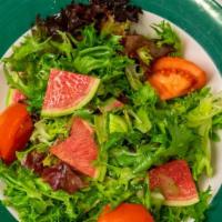 House Salad · Mixed field greens, tomato wedges, celery, and watermelon radishes topped with vinaigrette.
