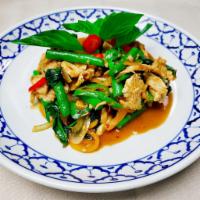 Pad Krapraw · Basil. Thai chili, string beans, onion, long hot pepper and basil leaves. Served with jasmin...