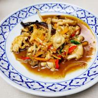 Ginger · Shredded ginger, onion, snow pea, bell pepper, scallions and shiitake mushrooms. Served with...