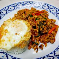Krapraw Gai Sub · Minced  chicken, chili, long hot pepper, Thai basil leaves topped with fried egg. Spicy.