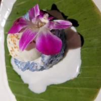 Kao Naew Peuak · Warm Sticky Rice & Taro pudding with Coconut Ice Cream