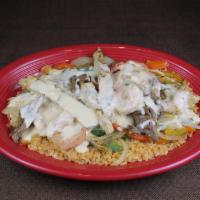 House Special · Chicken, steak, 6 shrimp, cooked with grilled onions and peppers, served on a bed of rice co...