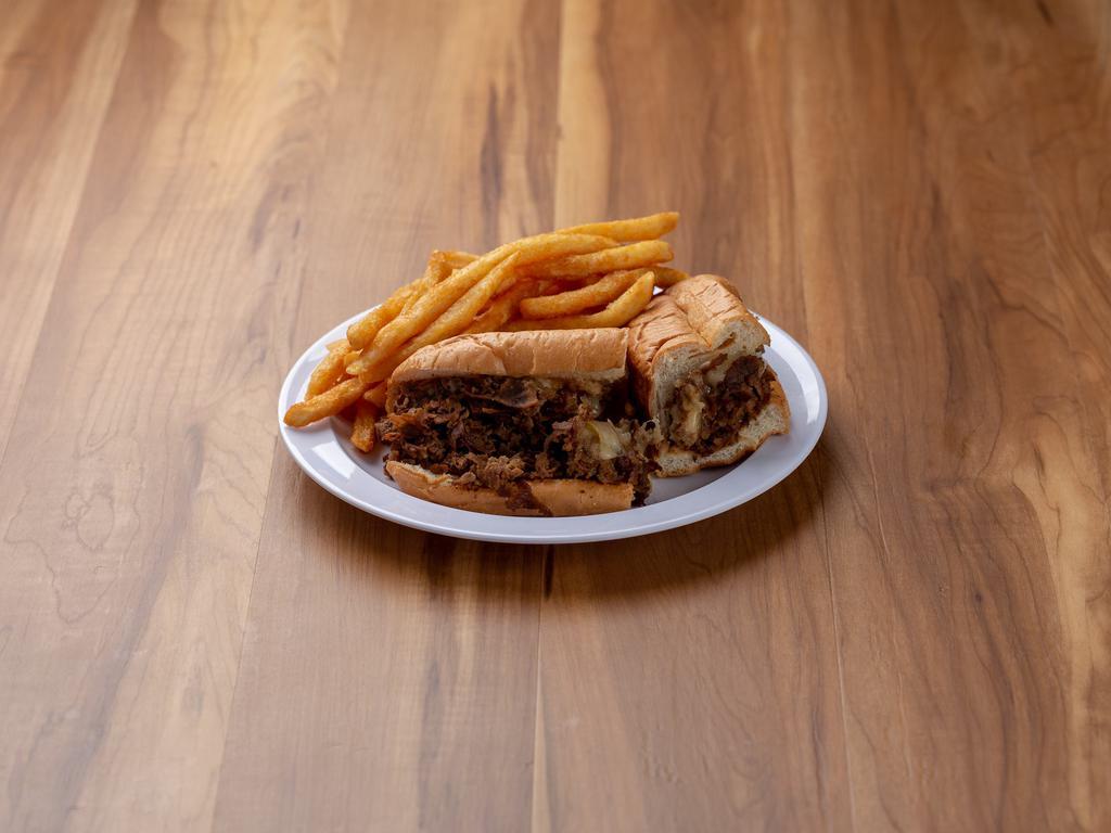 Cheese Steak · Thinly chopped steak topped with provolone cheese. Choice of chicken or steak served on a fresh bakery sub roll with french fries.