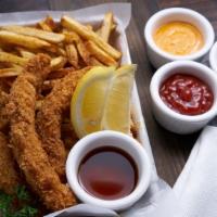 Fish ’n’ Chips · Three pieces of beer-battered wite codfish, crusted with our herb-panko mix, served with han...