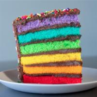 Rainbow Fudge Cake Slice · Six layers of rainbow-colored vanilla cake filled and iced with chocolate fudge frosting, co...