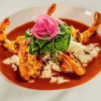 Shrimp a la Diabla · 5 grilled spicy jumbo shrimp served with creamy bacon risotto, watercress, red pickled onion...