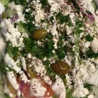 Moroccan Salad · Fresh lettuce, onion, tomatoes, cucumber, green pepper and olives,feta cheese ,sauce