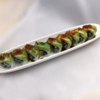 Caterpillar Roll · Unagi and cucumber, topped with avocado, tobiko and unagi sauce.