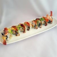 Ebi Heaven Roll · Shrimp tempura, cucumber and crab, topped with ebi, avocado, tobiko and joy special sauce.