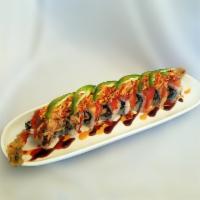 Hella Hot Roll · Deep-fried salmon & asparagus topped with tuna, hamachi, salmon, unagi, spicy crab, jalapeno...