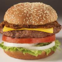 Bacon Chili Cheeseburger · 1/3 lb beef Patty, mustard, mayo, lettuce, tomato, onions, 3 bacon strips, Pinks Chili