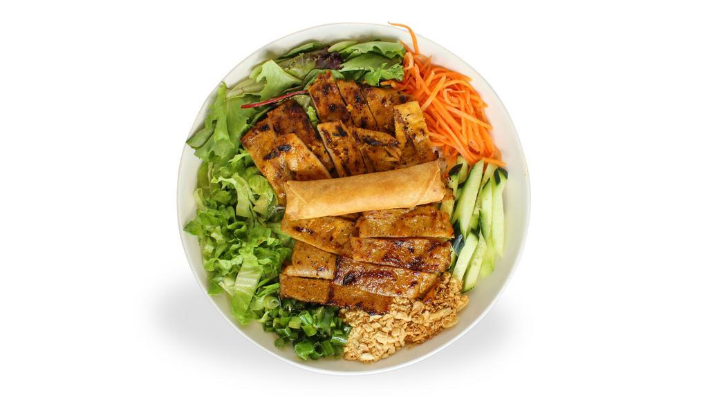 Vermicelli Phenomenal · Rice vermicelli noodles served with charbroiled pork/chicken and (1) pork egg roll; served with cucumber, spring mix, peanuts, fried onions and house fish sauce; substitute rice noodles for zucchini noodles for no charge