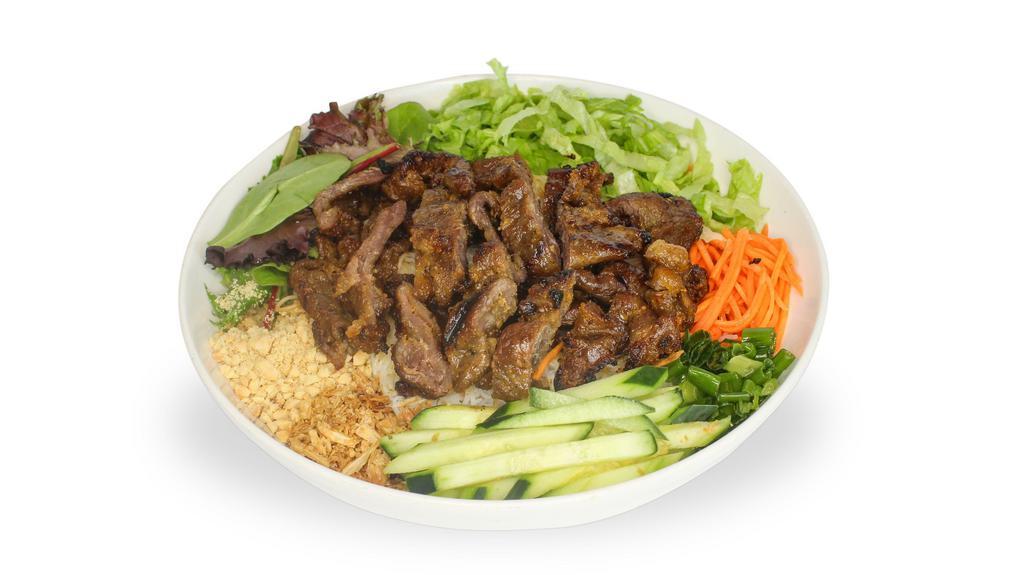 Vermicelli with Charbroiled Beef · Rice vermicelli noodles served with charbroiled beef; served with cucumber, spring mix, peanuts, fried onions and house fish sauce; substitute rice noodles for zucchini noodles for no charge