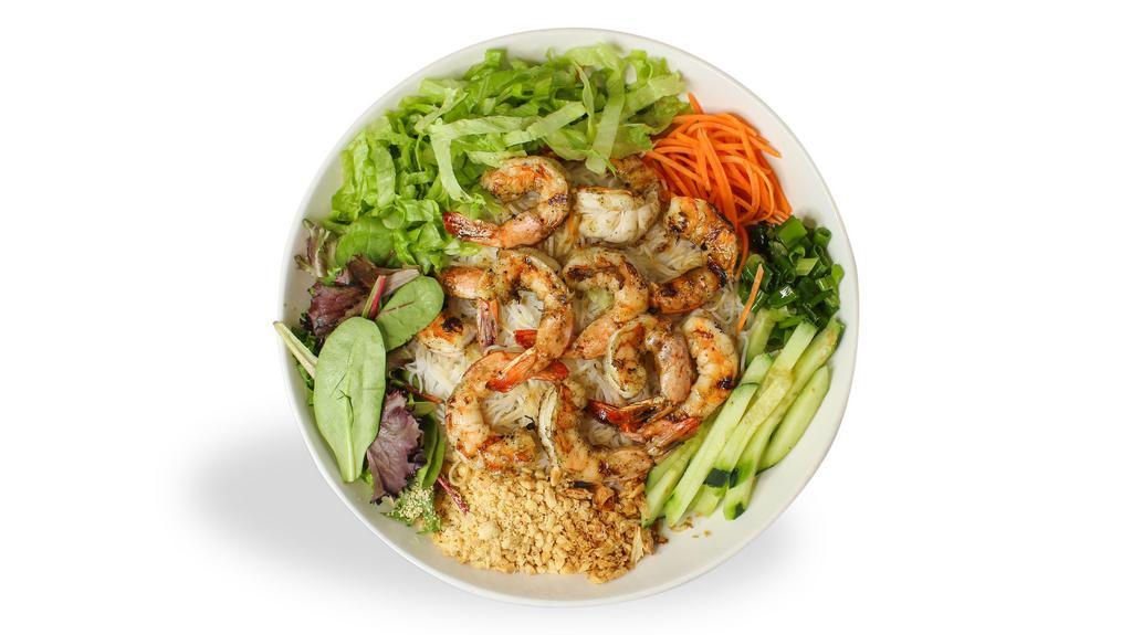 Vermicelli with Charbroiled Shrimp · Rice vermicelli noodles served with charbroiled shrimp; served with cucumber, spring mix, peanuts, fried onions and house fish sauce; substitute rice noodles for zucchini noodles for no charge