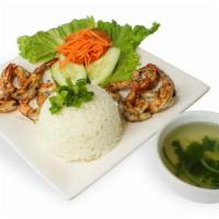 Rice with Charbroiled Shrimp · Steamed jasmine rice served with charbroiled shrimp; served with cucumber, tomato and house ...