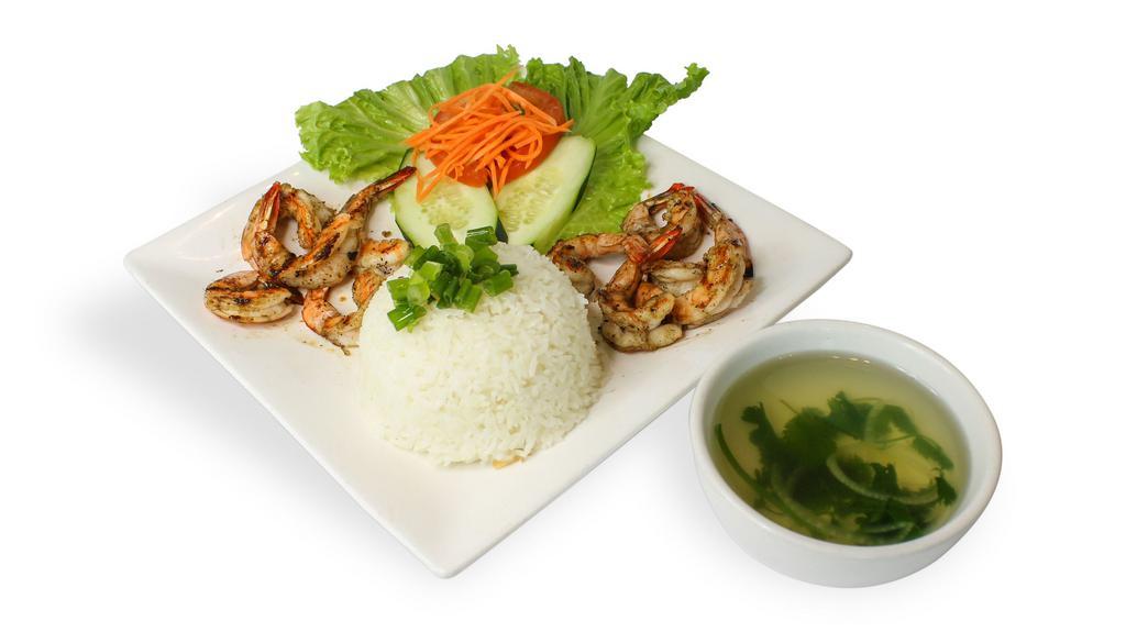 Rice with Charbroiled Shrimp · Steamed jasmine rice served with charbroiled shrimp; served with cucumber, tomato and house fish sauce; cup of pork broth served on the side