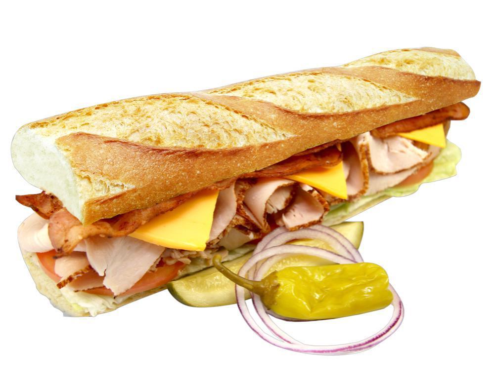 27. Turkey Club with Bacon Baguette · Served on a long piece of French bread.